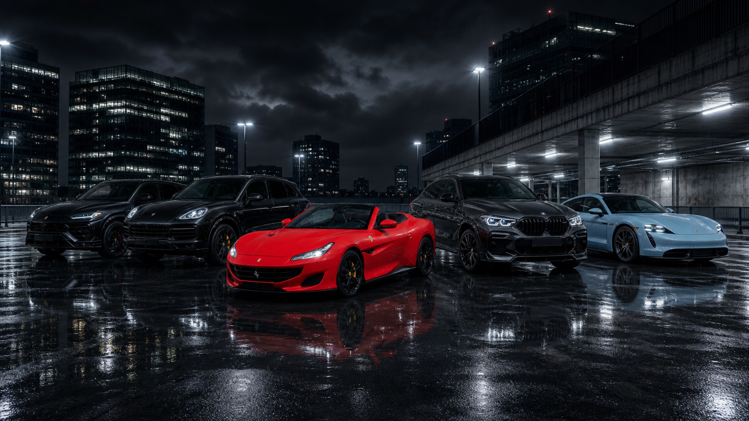 The Exclusive Car Rent fleet at night